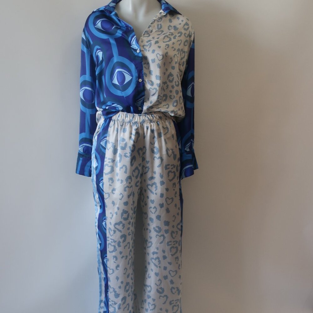 NWT Womens Bululu Magical Blue, White Print Satin Pants M Set